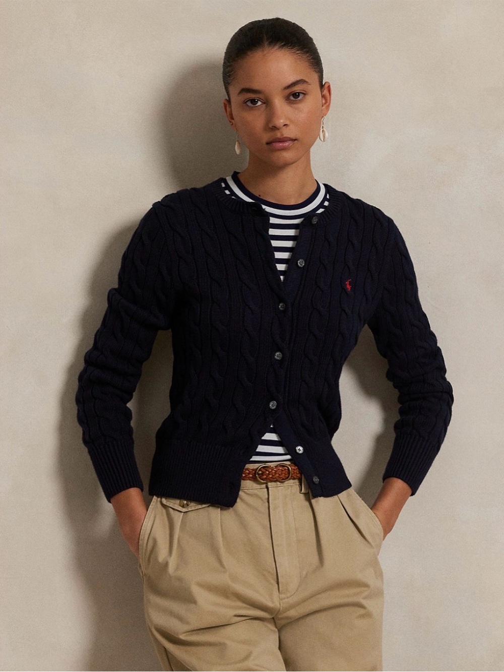 NWT Polo by Ralph Lauren Navy Cable-Knit Cardigan with Red Pony
